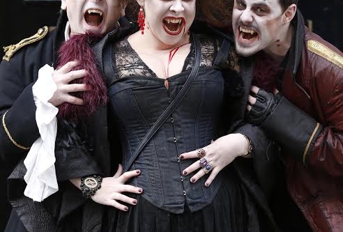 NO REPRO FEE 25/10/2014. Goths V Zombie Dance Off. Pictured (LtoR) vampires Dimitvi, Carmilla and Slasher in Dublin. The Goths and Zombies will meet at the top of Grafton Street (outside the shopping centre) at 2.30pm for the ultimate dance-off. Two costumed legions of horror will battle it out to the beat of classic Goth music. The Bram Stoker Festival runs from 24th - 27th October 2014. Photo: Sasko Lazarov/Photocall Ireland